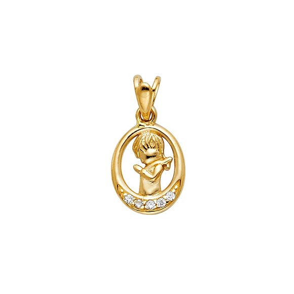 14K Yellow Gold Cubic Zirconia Girl Prayer Religious Pendant